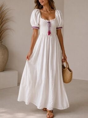 Pitusa Peruvian Cotton Taylor Maxi Dress Size S White Pink Tassels Milk-Maid